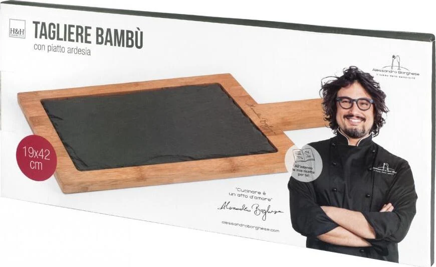 H&H - TAGLIERE BAMBU' CON PIATTO ARDESIA 19X42CM LINEA ALESSANDRO BORGHESE
