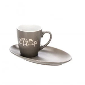 Tazza da tè ceramica grigia con piattino e scritte | rohome