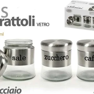 Tris Barattoli Colore Acciaio Vetro 9x10cm 400 Ml Sale Zucchero Caffe' 816604