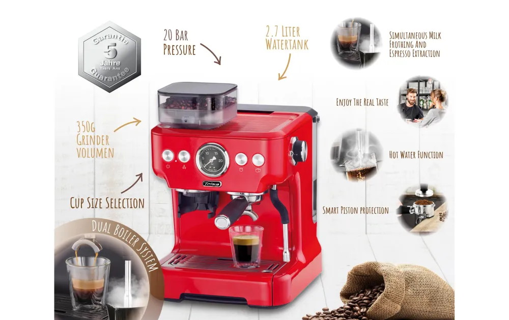Trisa Macchina per espresso Barista Plus (portafiltro) – 20 bar, 2,7 l, ugello per schiuma di latte, 28,0 × 41,0 × 32,5 cm
