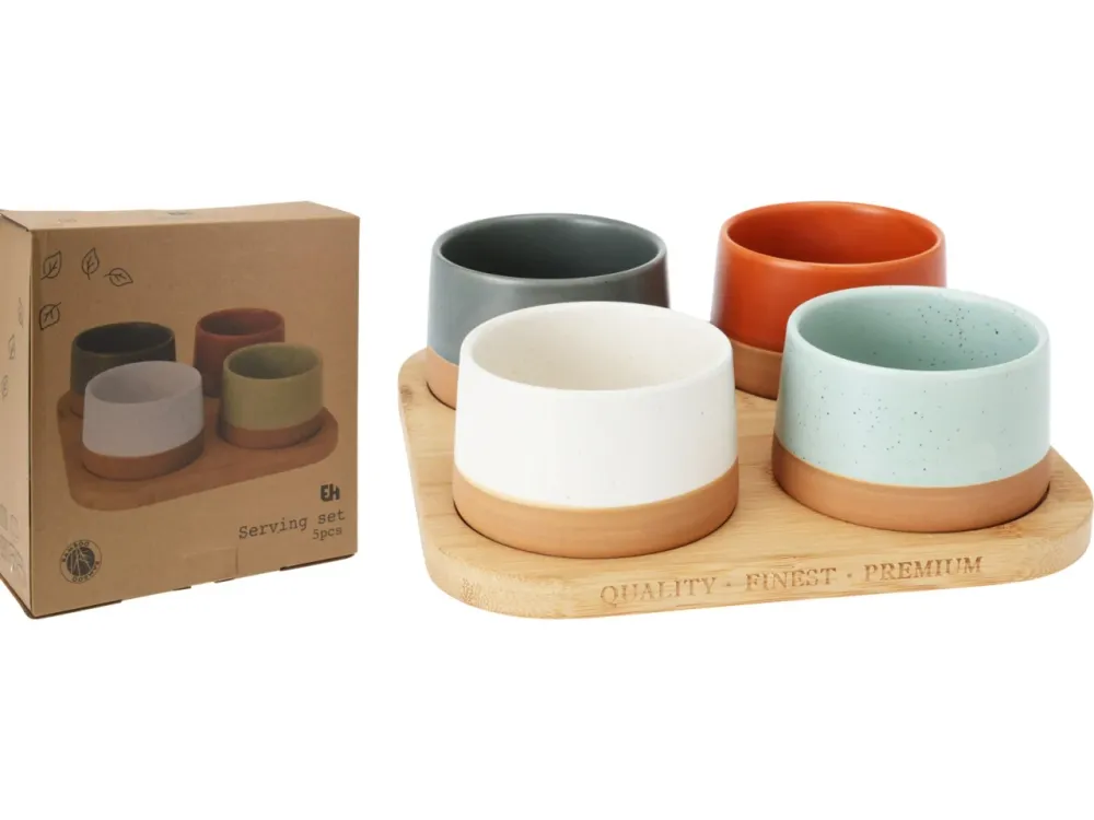 Vassoio bambu + 4 ciotole ceramica