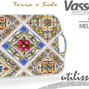 Vassoio Rettangolare Plastica Melamina Decoro Terra Sole Manici 35x25cm 829307