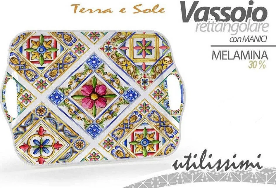 Vassoio Rettangolare Plastica Melamina Decoro Terra Sole Manici 35x25cm 829307