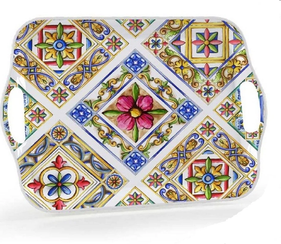 Vassoio Rettangolare Plastica Melamina Decoro Terra Sole Manici 35x25cm 829307