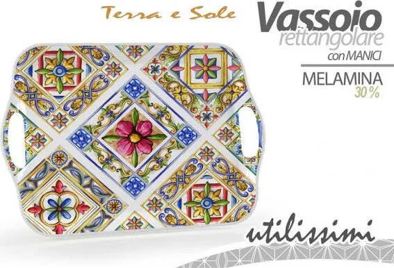Vassoio Rettangolare Plastica Melamina Decoro Terra Sole Manici 35x25cm 829307