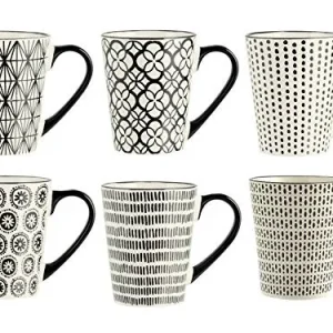 H&H Vhera Set 6 Tazze Mug, Stoneware, Crema/Nero, 350 ml