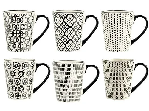 H&H Vhera Set 6 Tazze Mug, Stoneware, Crema/Nero, 350 ml