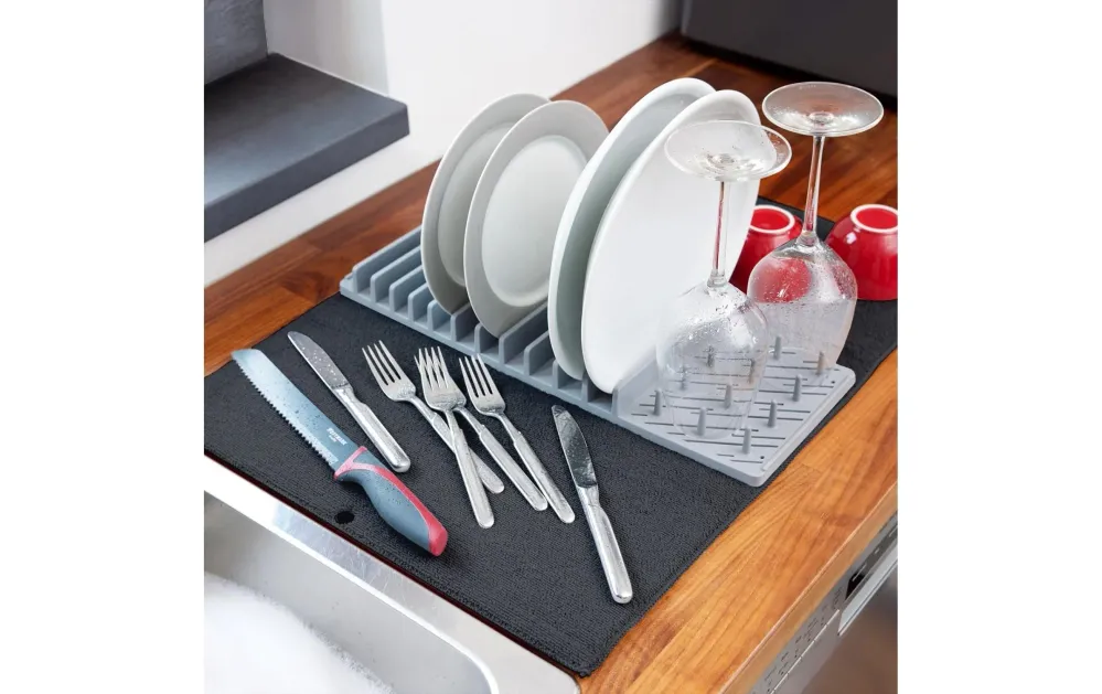 Westmark Tappetino scolapiatti 60 × 46 × 4,2 cm, microfibra, grigio, con portatazze, lavabile lavastoviglie
