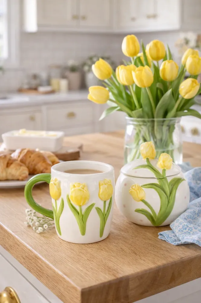 Zuccheriera Ceramica con Tulipani Rilievo