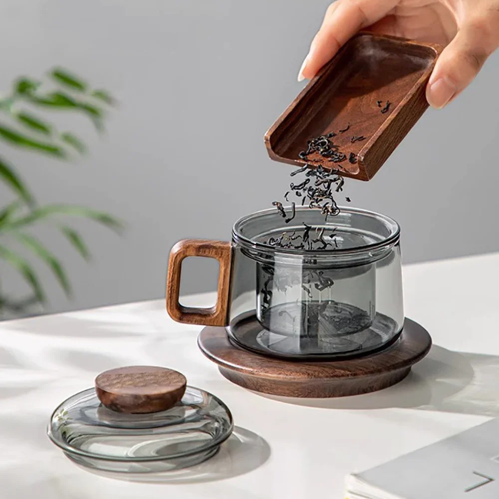 Wooden Handle Glass Teacup Lid Filter Cup Tea Water Separator Heatproof Kung Fu Tea Set Office Teacup