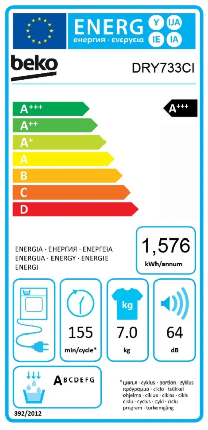 Asciugatrice Pompa di Calore Carica Frontale Beko 7 Kg DRY733CI Inverter EcoGentle AquaWave Classe +++