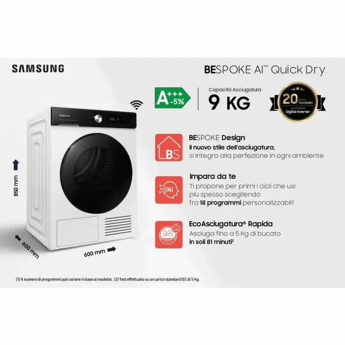 Asciugatrice Pompa Di Calore Samsung BESPOKE AI 9 Kg QuickDry DV90BB7445GE AxLxP (60x85x60) +++-10%