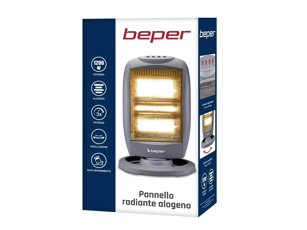 BEPER P203PAN010 Stufa Alogena Oscillante, 1200W, Basso Consumo Energetico, Silenziosa, Protezione termica, Grigia