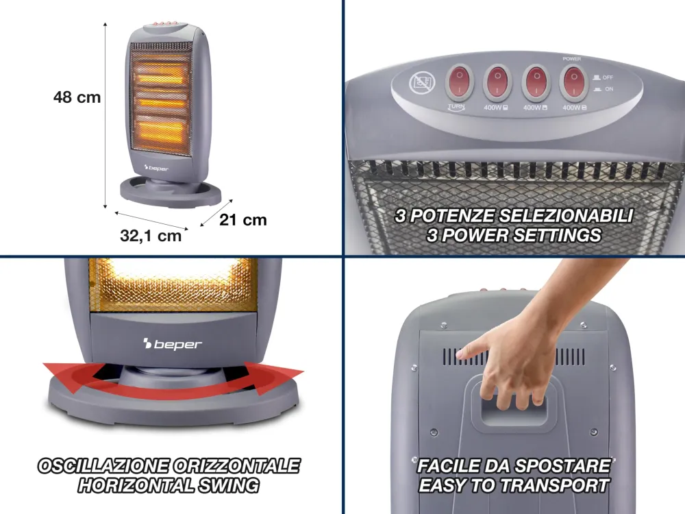 BEPER P203PAN010 Stufa Alogena Oscillante, 1200W, Basso Consumo Energetico, Silenziosa, Protezione termica, Grigia