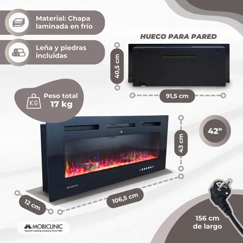 Camino elettrico | 1800W | Fiamma 3D | Protezione surriscaldamento | Controllo Wi-Fi | 106,5x12x43 cm | Fury | Mobiclinic