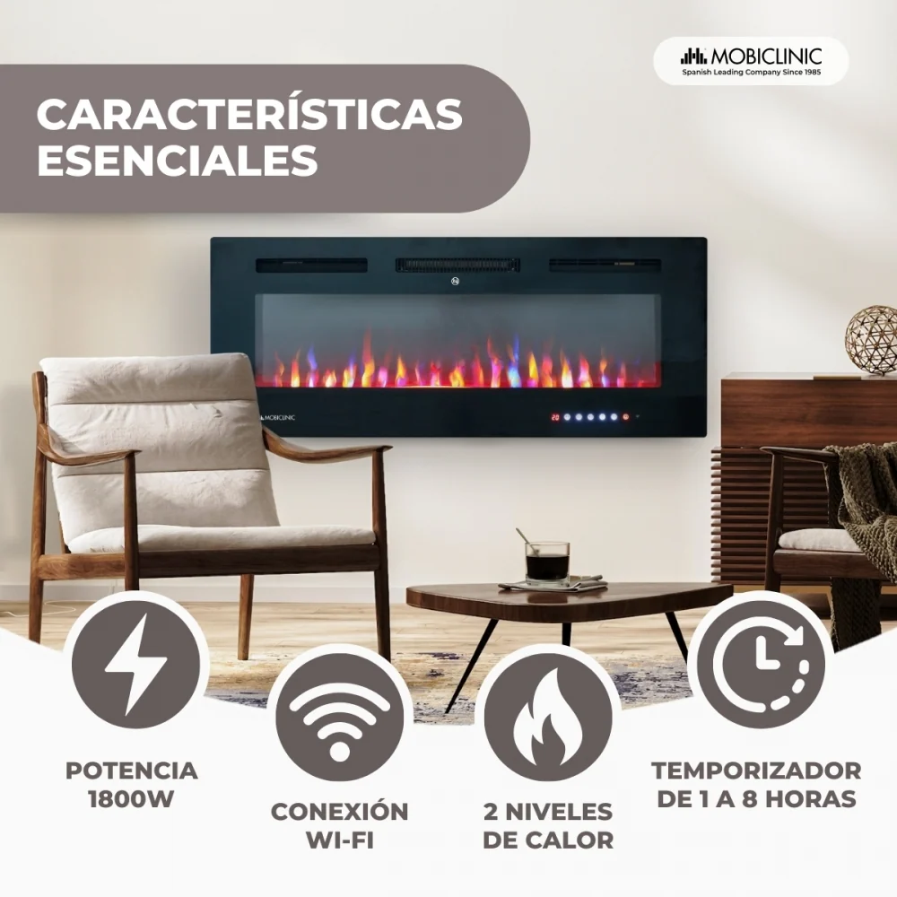 Camino elettrico | 1800W | Fiamma 3D | Protezione surriscaldamento | Controllo Wi-Fi | 106,5x12x43 cm | Fury | Mobiclinic