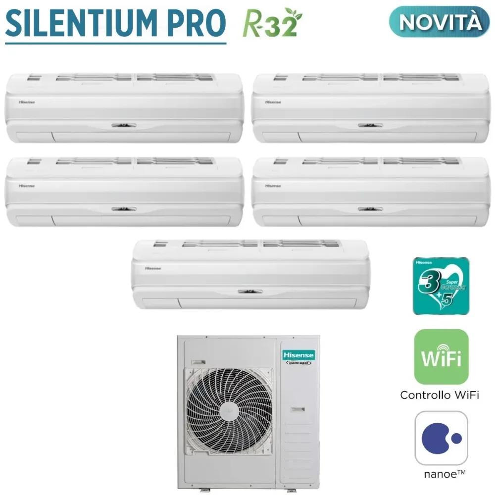 Climatizzatore Condizionatore Hisense Penta Split Inverter Serie SILENTIUM PRO 9+9+9+9+9 con 5AMW125U4RTA R-32 Wi-Fi Integ...