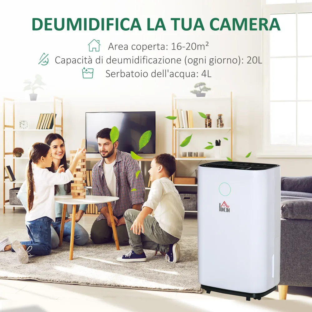 EASYCOMFORT Deumidificatore da 20L 3 Modalità e 2 Velocità Timer 24h Design Silenzioso 33.5x23x57cm Bianco