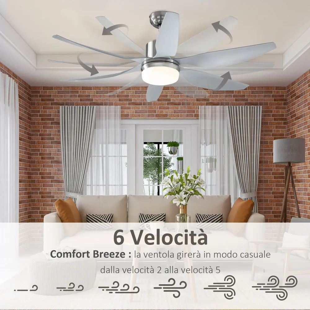 Easycomfort Ventilatore da Soffitto con Luce LED e Telecomando Incluso, 6 Velocità, Silenzioso e Reversibile, ?132x43cm