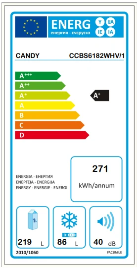 Frigorifero Combinato Raffreddamento Ventilato Candy 315 Litri CCBS6182WHV / 1N Classe +
