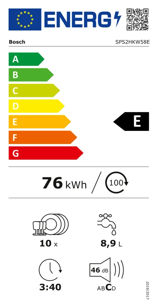 Lavastoviglie libera Installazione Bosch SERIE 2 SPS2HKW58E 10 Coperti Classe E AxLxP(84,5x45x60) Alexa e Google Assistant