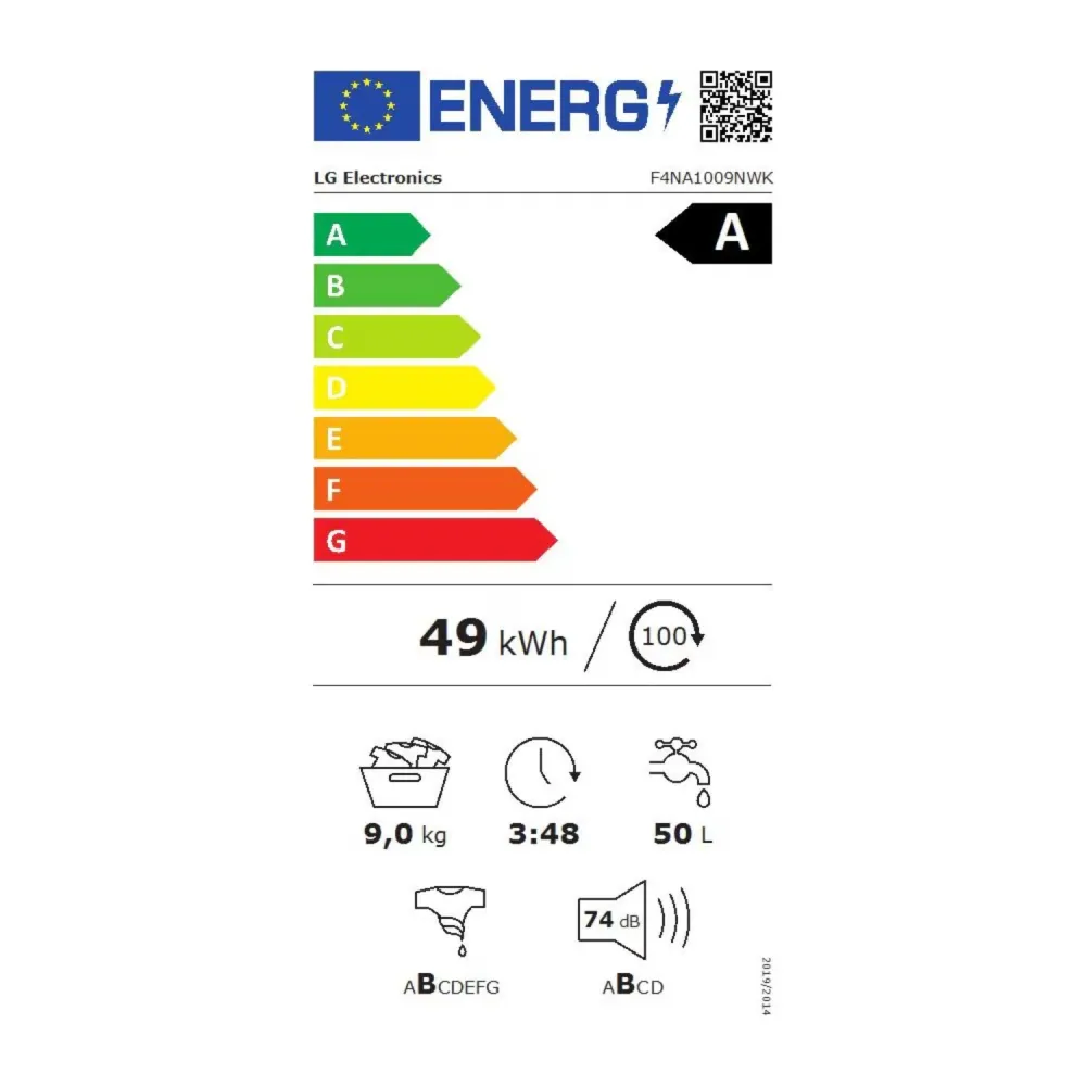 LG Lavatrice 9kg Serie A1 Classe 1400 giri, Programma Igiene con vapore, Display grande, Design essenziale White