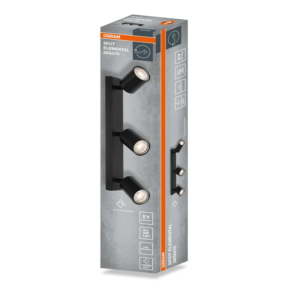 OSRAM Faretto LED 3 Punti ELEMENTAL Nero, Lampada, 3xGU10, Nero, 37 x 13,8 x 6 cm