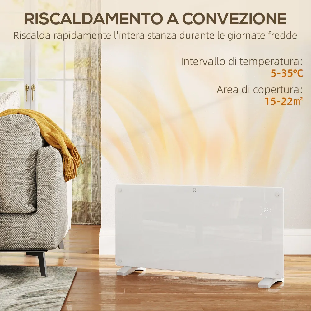 Riscaldatore Convezione 2000W da Pavimento o Parete con Telecomando e Timer Bianco