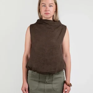 TOP SMANICATO LINO MARRONE