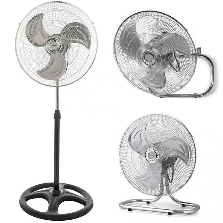 Ventilatore 3In1 Piantana Tavolo Parete Acciaio Cromato Base Tonda 60W Ø 52Cm