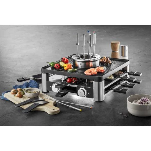 WMF Combo Raclette Lumero 0415480011 – 8 persone, 1800 W, piastra grill alluminio pressofuso – nero/acciaio inossidabile