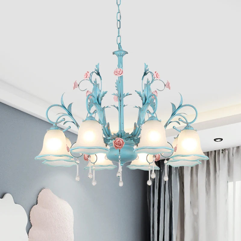 Lampadario da cucina pastorale 3/5/8 teste con paralume vetro bianco con finiture smerlate blu