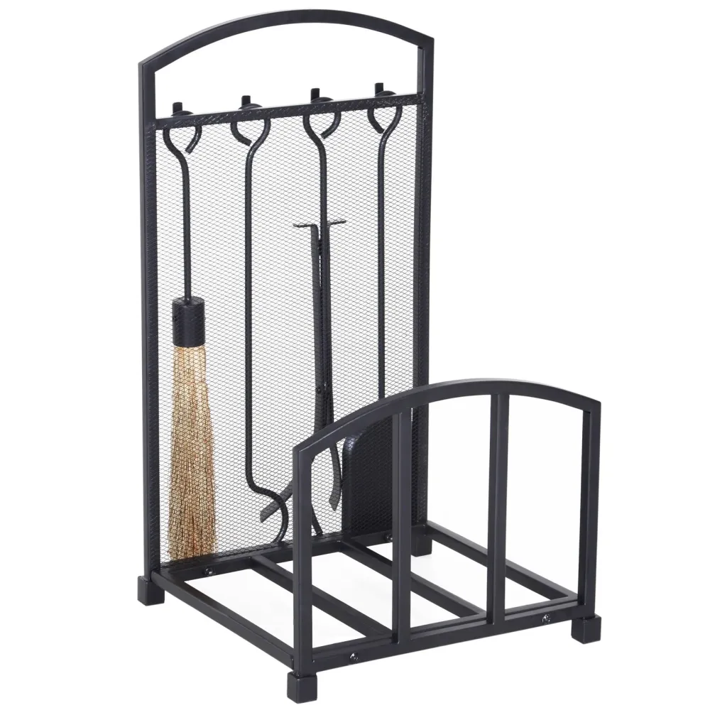 Easycomfort Portalegna da Interno ed Esterno Metallo con Ganci e 4 Attrezzi Inclusi, 39x39x68cm, Nero