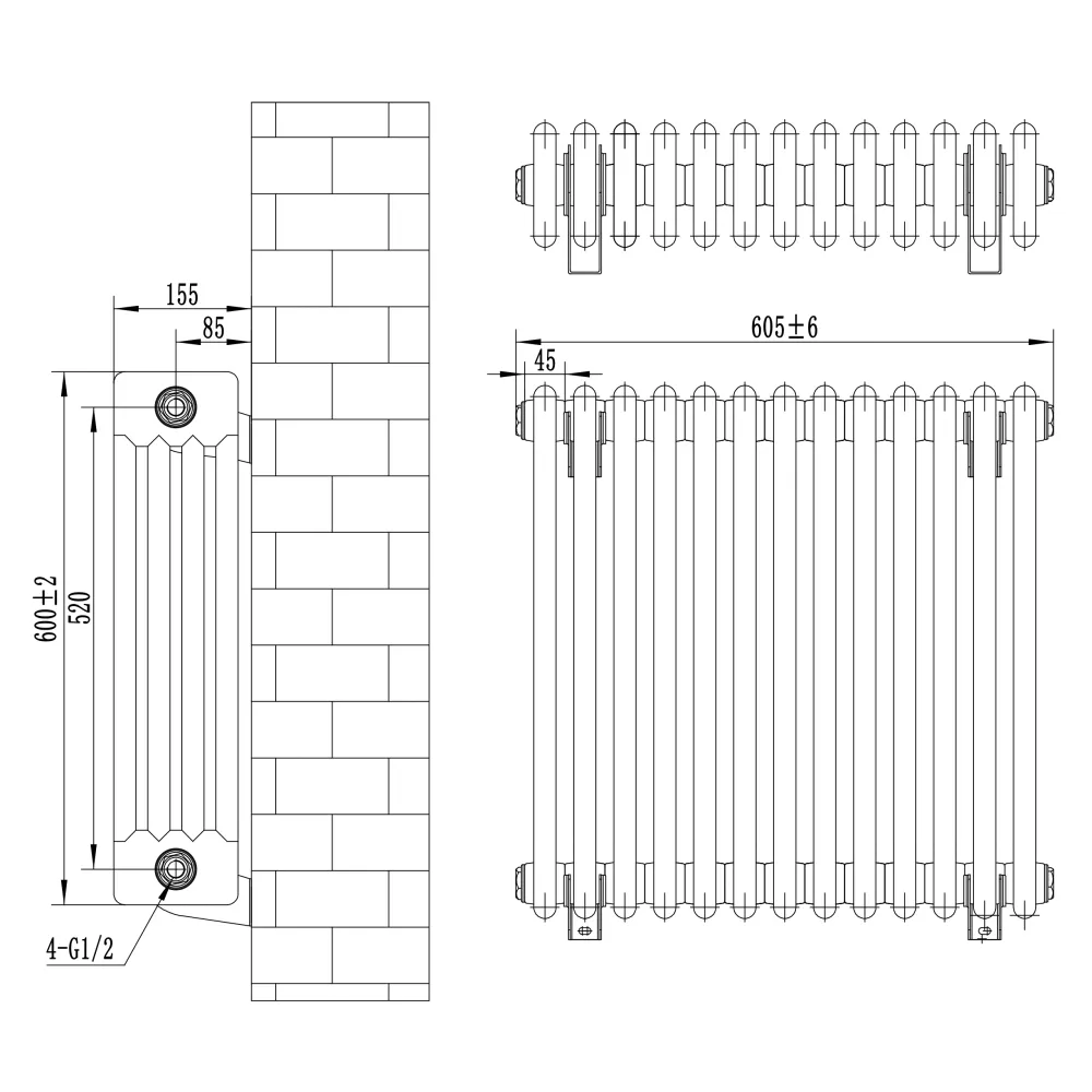 Radiatore Tradizionale 4 Colonne – 600 x 605 mm – Grigio Antracite