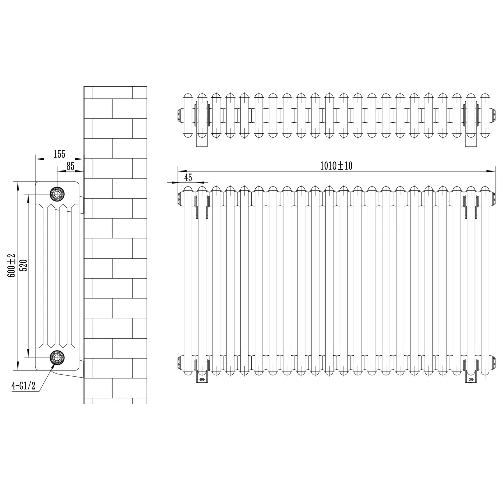 Radiatore Tradizionale 4 Colonne Orizzontale 600 x 1010 mm Nero