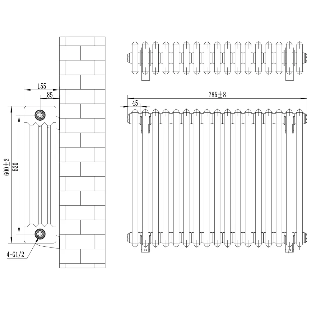 Radiatore Tradizionale 4 Colonne Orizzontale & Valvole 600 x 785 mm Bianco