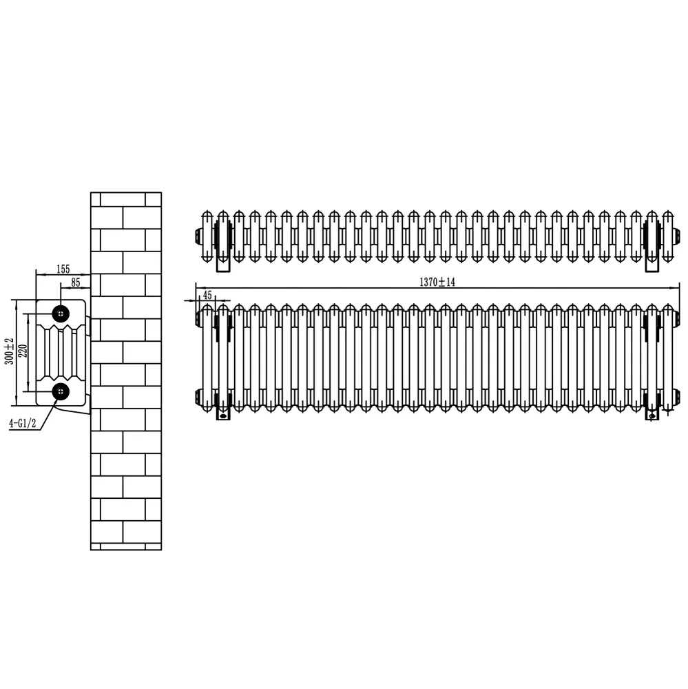 Radiatore Tradizionale 4 Colonne & Valvole – 300 x 1370 mm – Nero