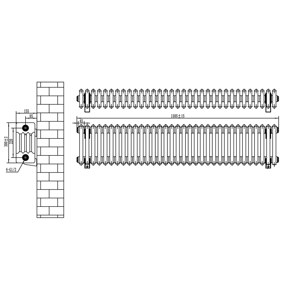 Radiatore Tradizionale 4 Colonne & Valvole – 300 x 1505 mm – Grigio Antracite