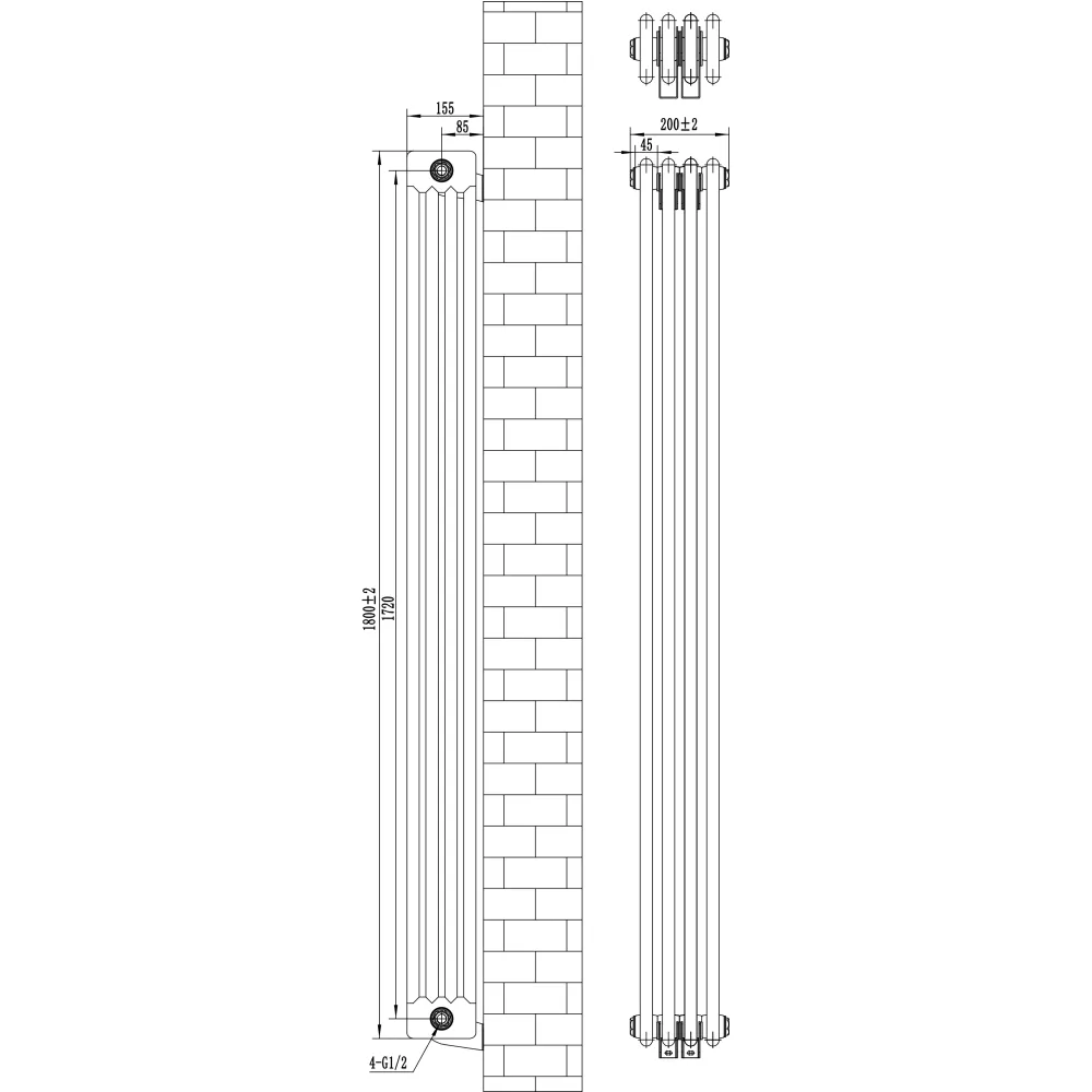 Radiatore Tradizionale 4 Colonne Verticale 1800 x 200 mm Bianco