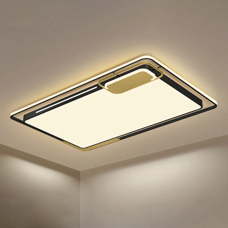 Plafoniera da soffitto modernista incasso LED metallo rettangolare per soggiorno nero e oro, luce bianca/calda