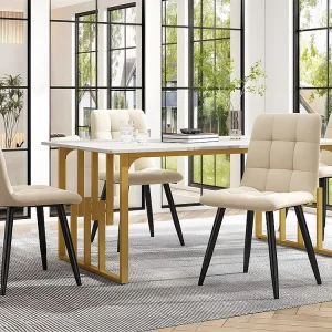 Tavolo da pranzo 140 x 70 cm - struttura metallo - design traforato - piano MDF con motivo marmo - Oro e bianco