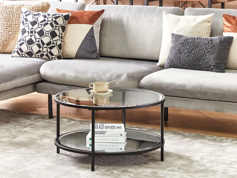 Accessori per Latte Tavolino da caffè vetro e nero ⌀ 70 cm BIRNEY