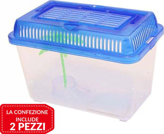 2 Pz Acquario Vaschetta Pesci Tartarughe Coperchio Maniglia Presa Aria 16x9.5x12