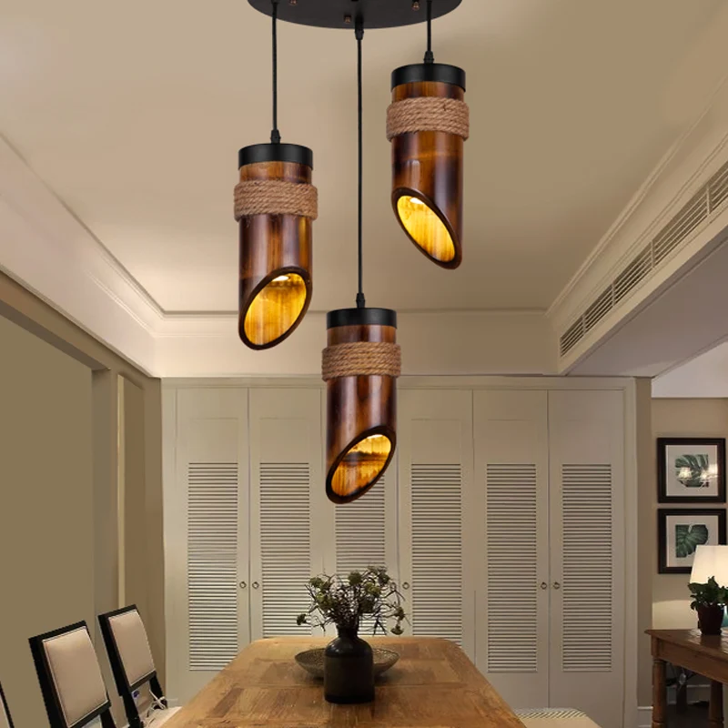 Lampada sospensione corda per sala da pranzo con tubo smussato bambù marrone