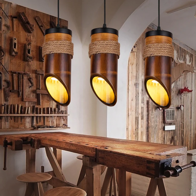 Lampada sospensione corda per sala da pranzo con tubo smussato bambù marrone