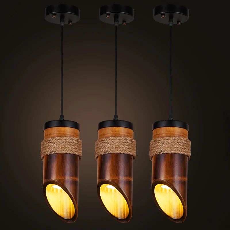 Lampada sospensione corda per sala da pranzo con tubo smussato bambù marrone