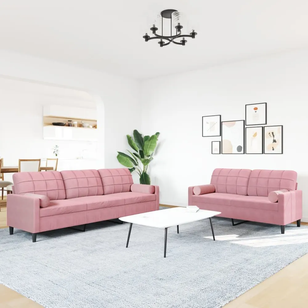 Set di Divani 2 pz con Cuscini e Rinforzi rosa Velluto