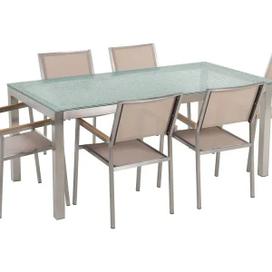 Set da giardino 6 posti vetro 180 cm con sedie rattan sabbia GROSSETO