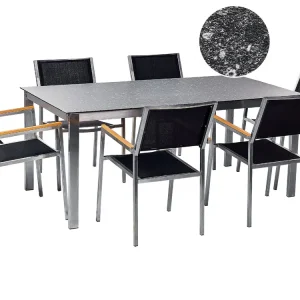 Set da giardino 6 posti vetro nero e sedie tessuto nero 180 cm COSOLETO/GROSSETO