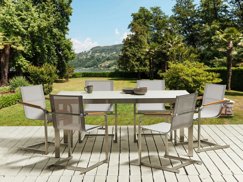 Set da giardino 6 posti vetro temperato bianco e metallo 180 cm COSOLETO